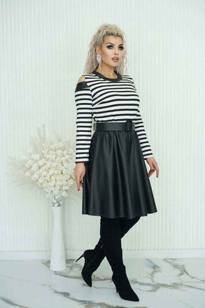 Женские комбинированные платья с экокожей и поясом - Одежда в Екатеринбург - фото 3